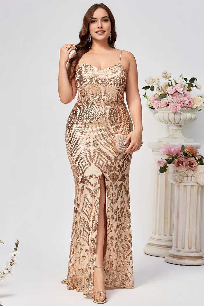 Weitese Dress Sparkly Plus Size Golden Mermaid Sequin Embroidered Maxi Dress Prom Dress Sleeveless Split Evening Dress
